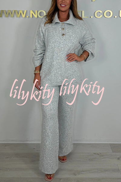 Solid Color Lapel Long-sleeved Loose Top and Elastic Waist Casual Pants Set