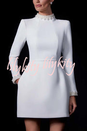 Lovers Kiss Pearl Trim High Neck Long Sleeve Pocketed Tulip Mini Dress