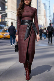 Plaid Print Long-Sleeved Wide-belted Slim-Fit Midi Dress