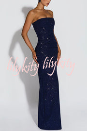 Pandra Glittery Crepe Fabric Off Shoulder Ruched Slit Cape Maxi Dress