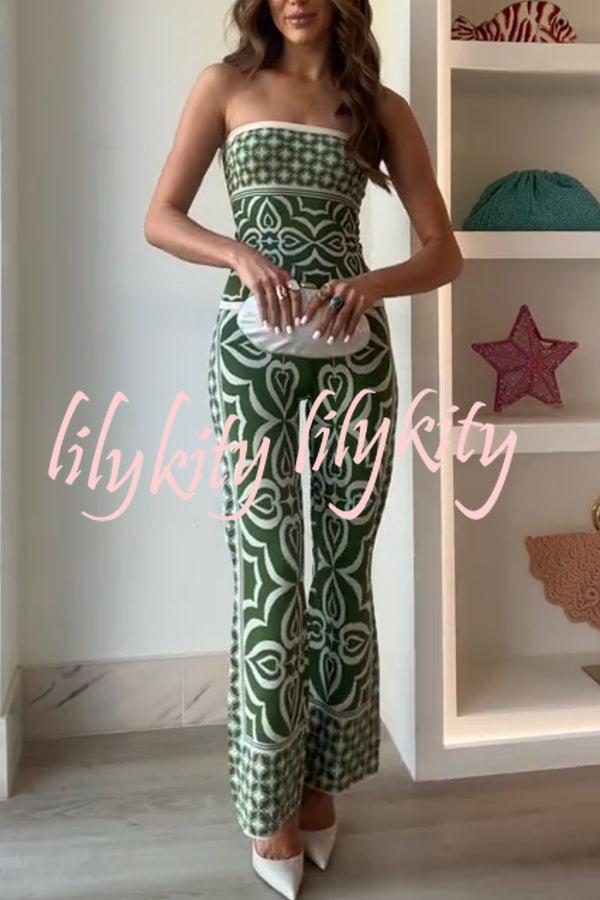Orla Knit Mosaic Tile Print Bandeau and High Rise Stretch Flared Pants Set