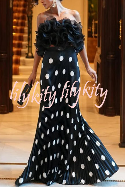 Eye-catching Satin Pleated Poka Dot Print High Rise Drape Maxi Skirt