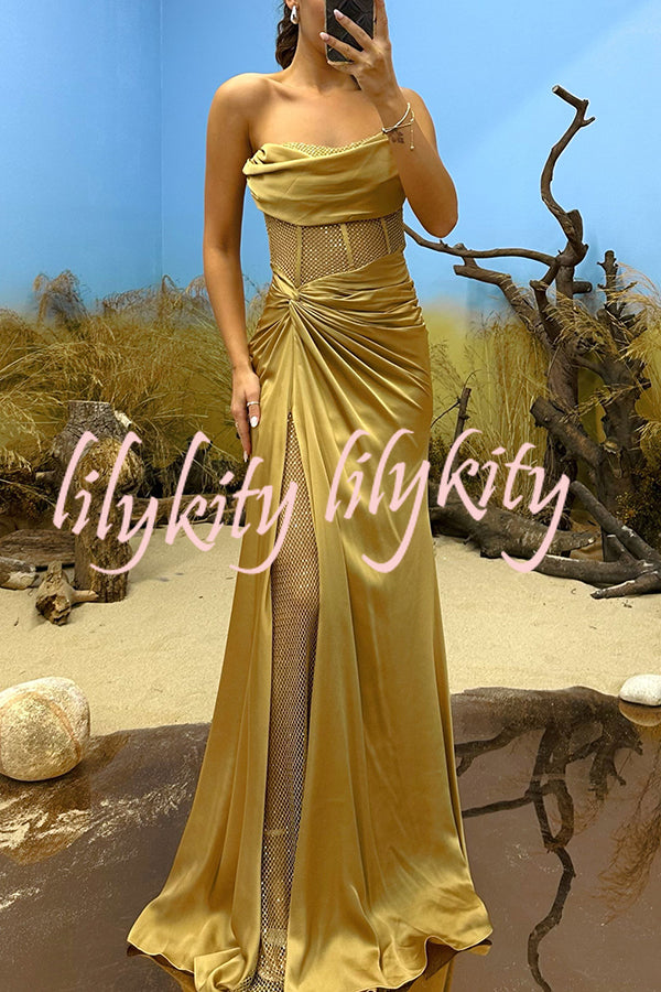 Essie Satin Rhinestone Patchwork Twist Waist Strapless Slit Maxi Dress