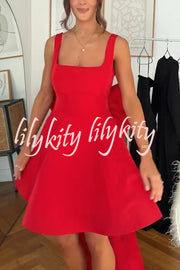 Red Drama Taffeta Square Neck Back Oversized Bow Pocket Mini Dress