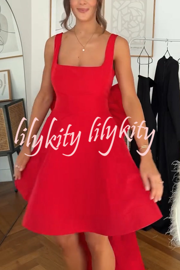 Red Drama Taffeta Square Neck Back Oversized Bow Pocket Mini Dress