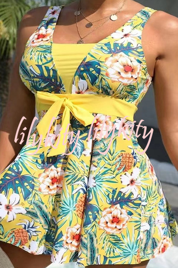 Cheerful Floral Print Bow Detail Tankini Swimsuit Set