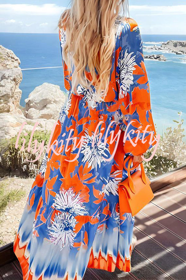 Unique Print V-Neck Long Sleeve Full Hem Holiday Maxi Dress