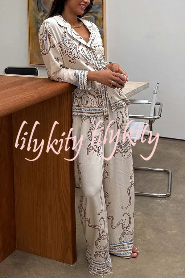 Calm Seas Line Octopus Unique Print Loose Shirt and Elastic Waist Pocketed Pajama Set