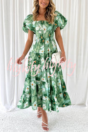 Petal Princess Unique Print Smocked Waist Puff Sleeve Midi Dress