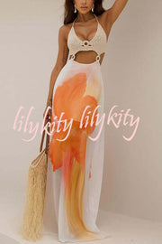 Lily Crochet Knit Bust Ring Floral Print Tulle Hem Maxi Dress