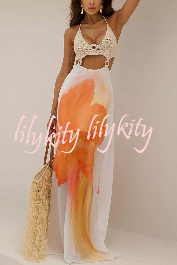 Lily Crochet Knit Bust Ring Floral Print Tulle Hem Maxi Dress