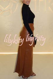 Snappy Casual Slay Faux Leather High Rise Wrap Tie-up Stretch Maxi Skirt
