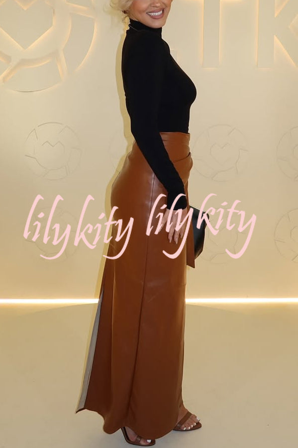 Snappy Casual Slay Faux Leather High Rise Wrap Tie-up Stretch Maxi Skirt