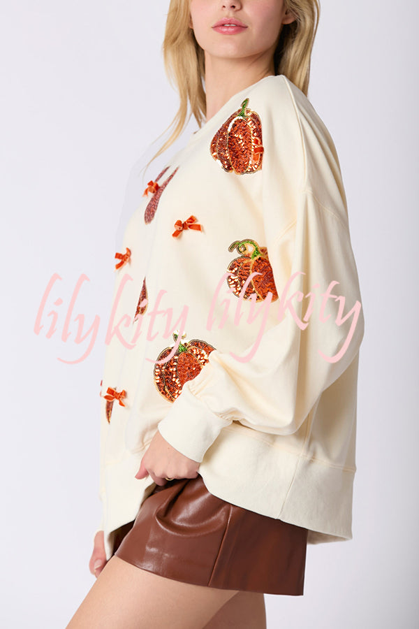 Halloween Colorful Pumpkin Embroidered Loose Casual Sweatshirt