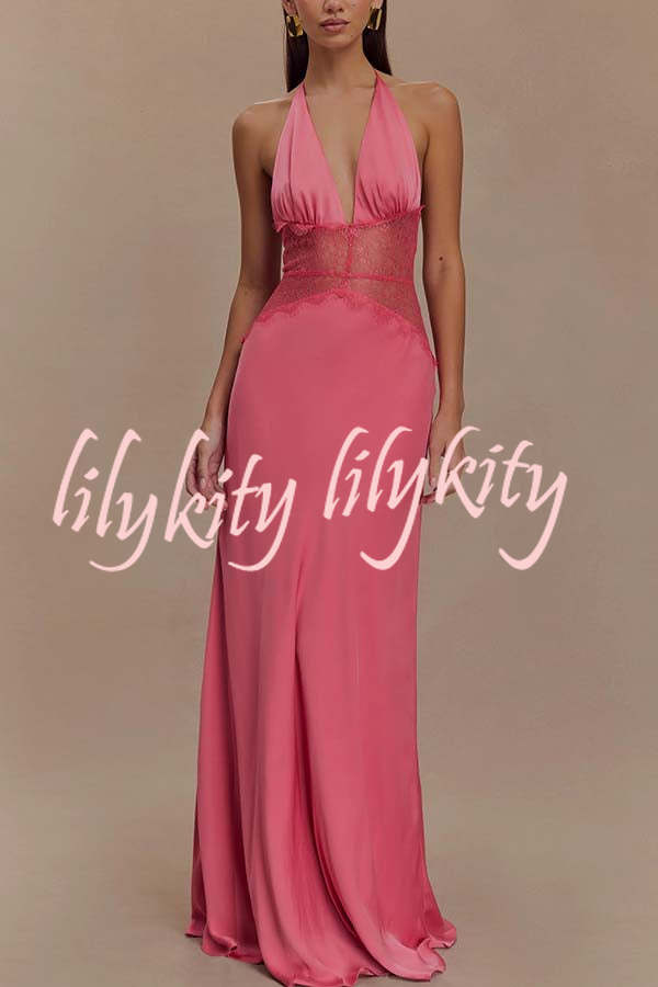 Seductive Details Satin Lace Waist Halter Tie-up Backless Maxi Dress