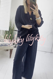 Fashion Striped Print Lapel Loose Top and Elastic Waist Casual Wide-leg Pants Set