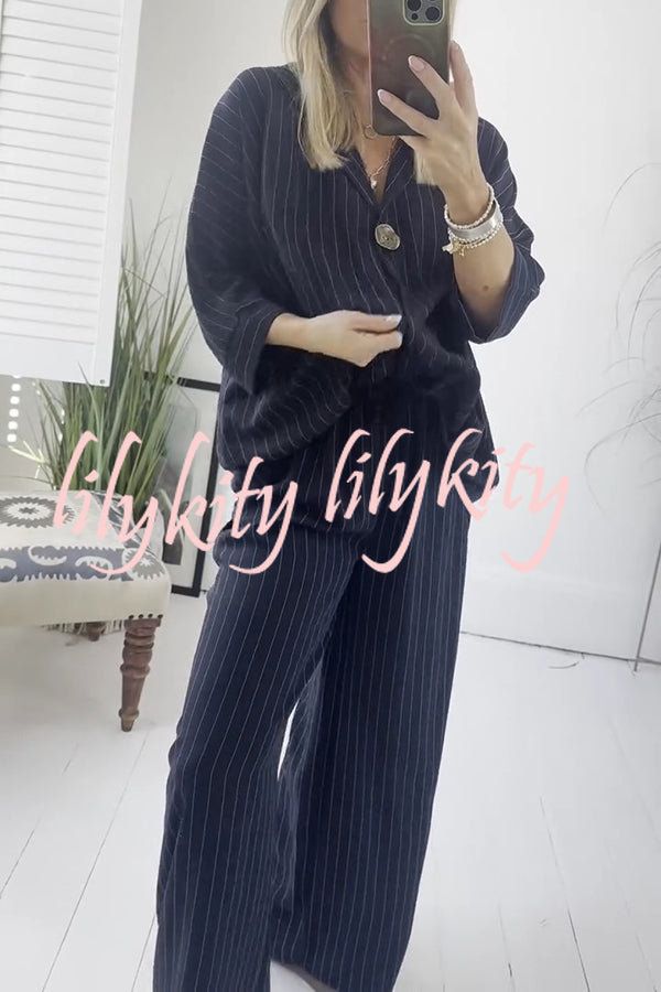 Fashion Striped Print Lapel Loose Top and Elastic Waist Casual Wide-leg Pants Set