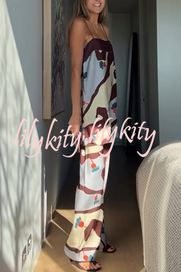 Loving Views Satin Unique Print a-line Tank and Elastic Waist Loose Pants Set