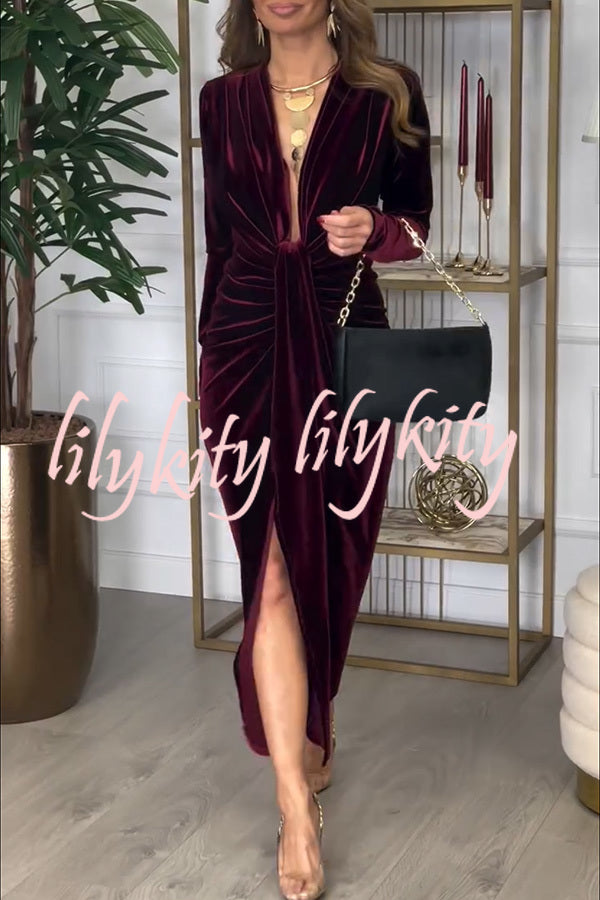 Creating Romance Velvet Ruched Drape Long Sleeve Stretch Maxi Dress