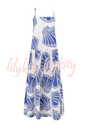 Linen Blend Shell Print Loose Strappy Resort Style Maxi Dress