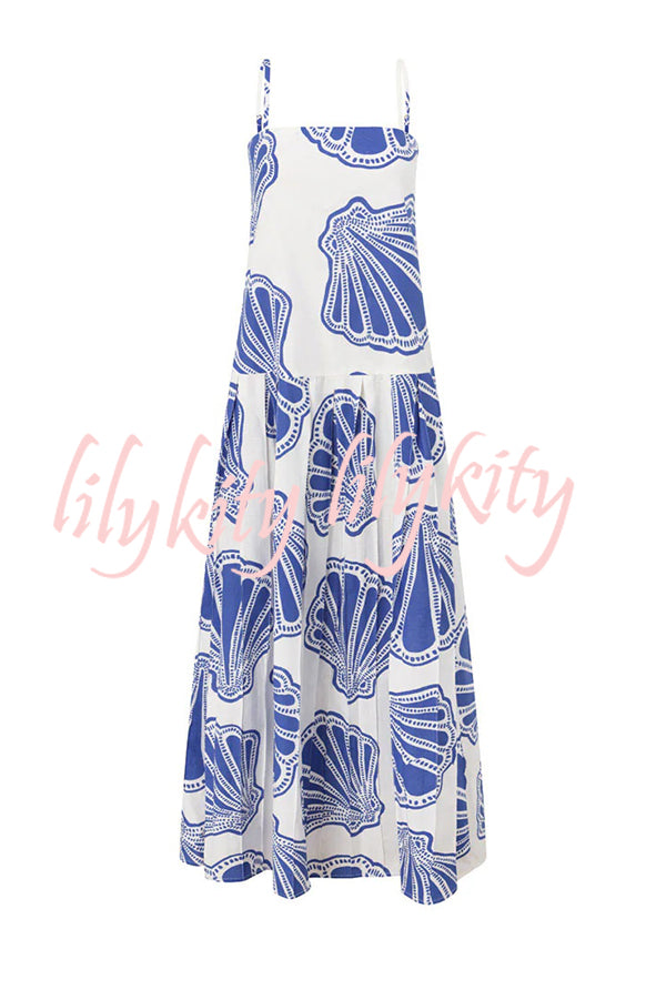 Linen Blend Shell Print Loose Strappy Resort Style Maxi Dress