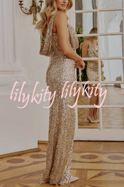 Glitzy Gala Sequin Draped Neckline Back Tie-up Ruched Slit Maxi Dress