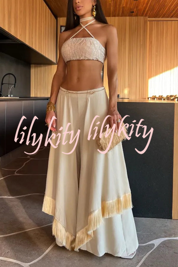 Sexy Lace-Up Bandeau Top and Irregular Tassel Pants Set