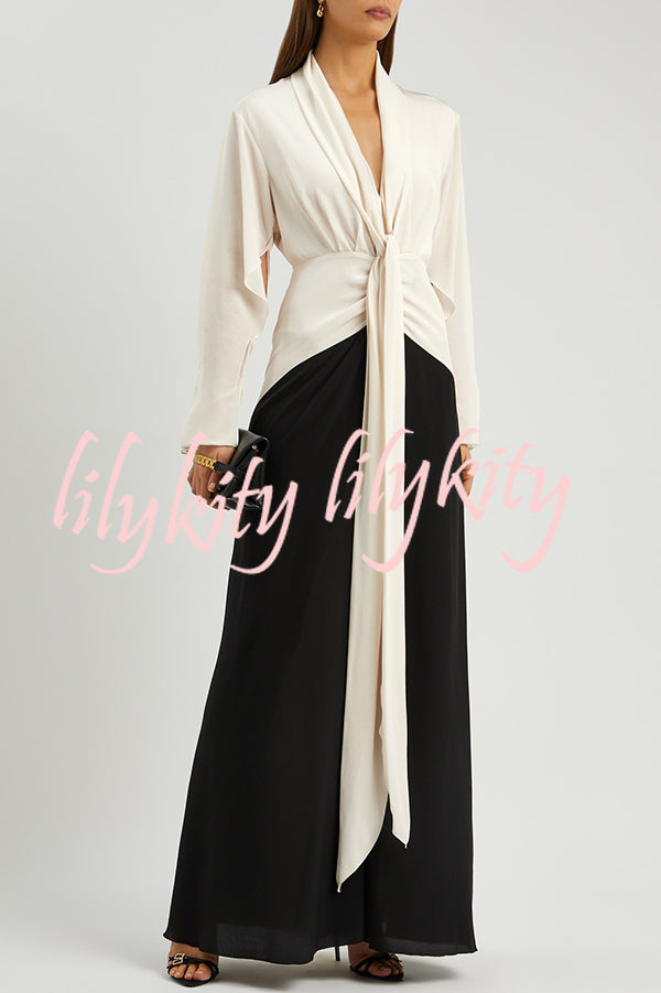 Fashion Contrast Color V-neck Tie High Waist Drape Maxi Dress