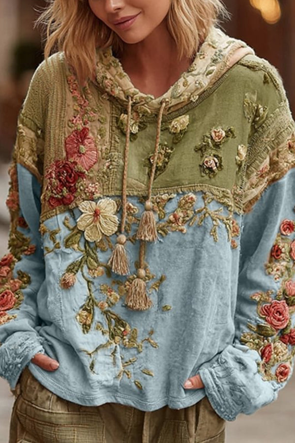 Floral Print Loose Hooded Long-Sleeved Sweatshirt