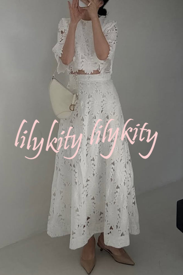 Elegant Embroidered Hollow Flowers Bell Sleeve Top and Full Hem Maxi Skirt Set