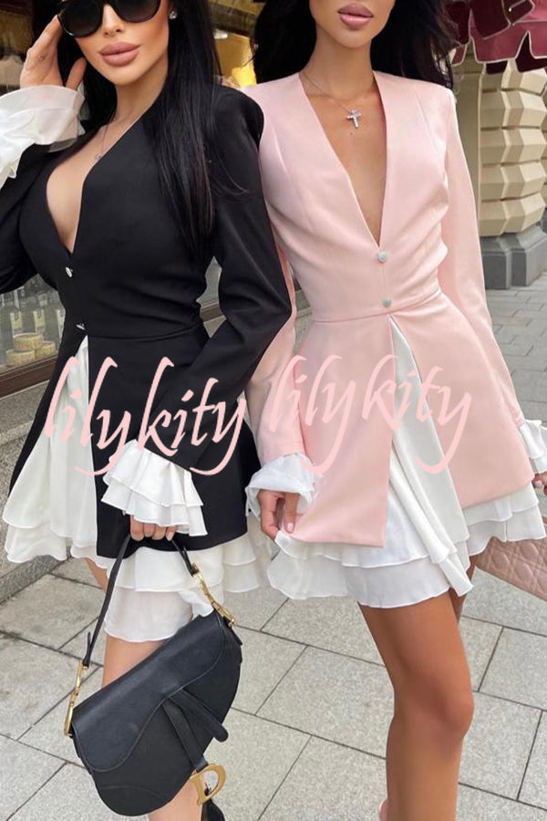 Sherna V-neck Ruffled Patchwork Button Up Long Sleeve Mini Dress