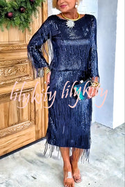 Insight Blueberry Sequin Fringe High Rise Elastic Waistband Midi Skirt