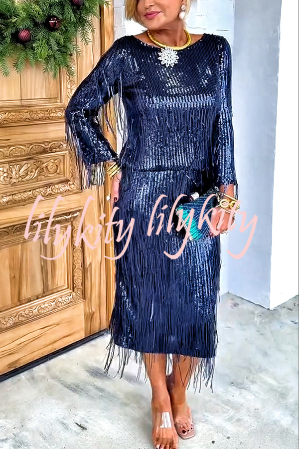 Insight Blueberry Sequin Fringe High Rise Elastic Waistband Midi Skirt