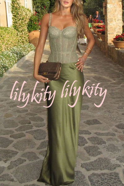 In A Fairytale Lace Satin Mid Rise Drape Maxi Skirt