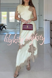Paris Dream Satin Lace Trim Irregular Design Drape Maxi Dress