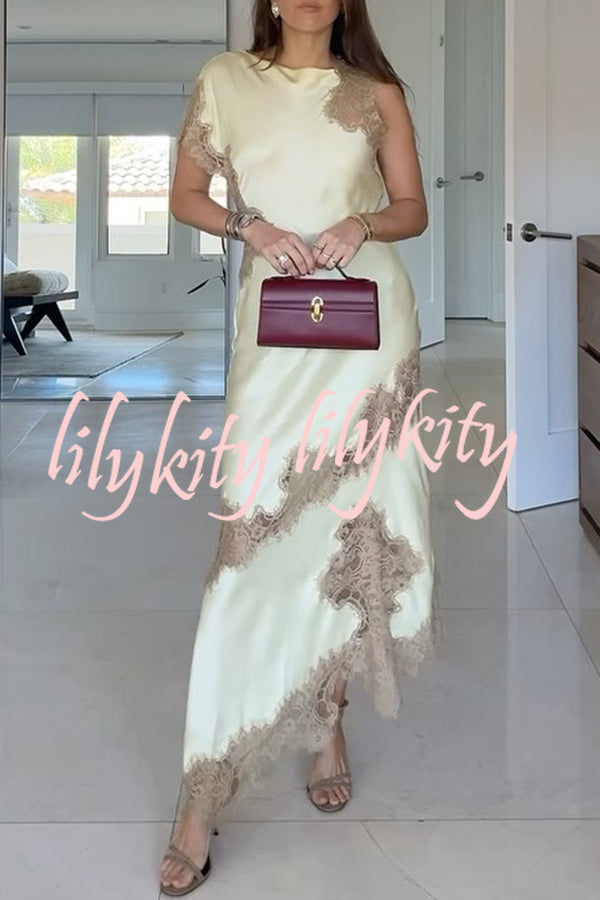Paris Dream Satin Lace Trim Irregular Design Drape Maxi Dress