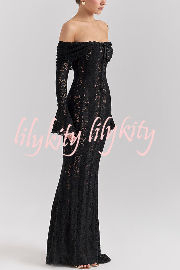 Outline The Curve Floral Lace Off Shoulder Bell Sleeve Stretch Maxi Dress