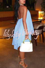 Chiffon Solid Color Halter Backless Irregular Mini Dress