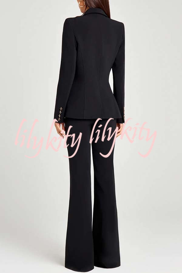 Women Power Metal Cross Snap Button Long Sleeve Lapel Blazer