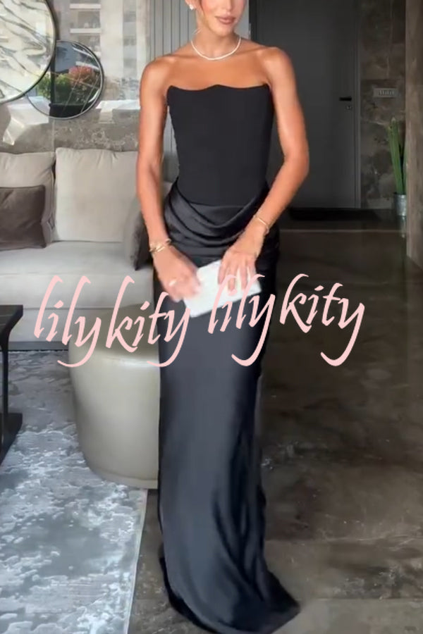 Attend The Gala Strapless Corset Satin Ruched Hip Drape Maxi Dress