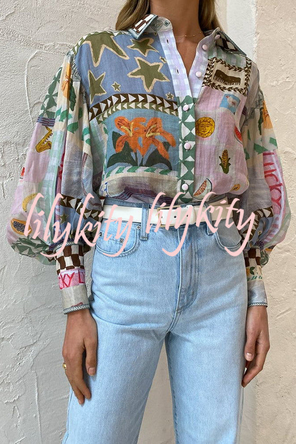 Fun and Nostalgic Unique Print Balloon Sleeve Button Loose Shirt