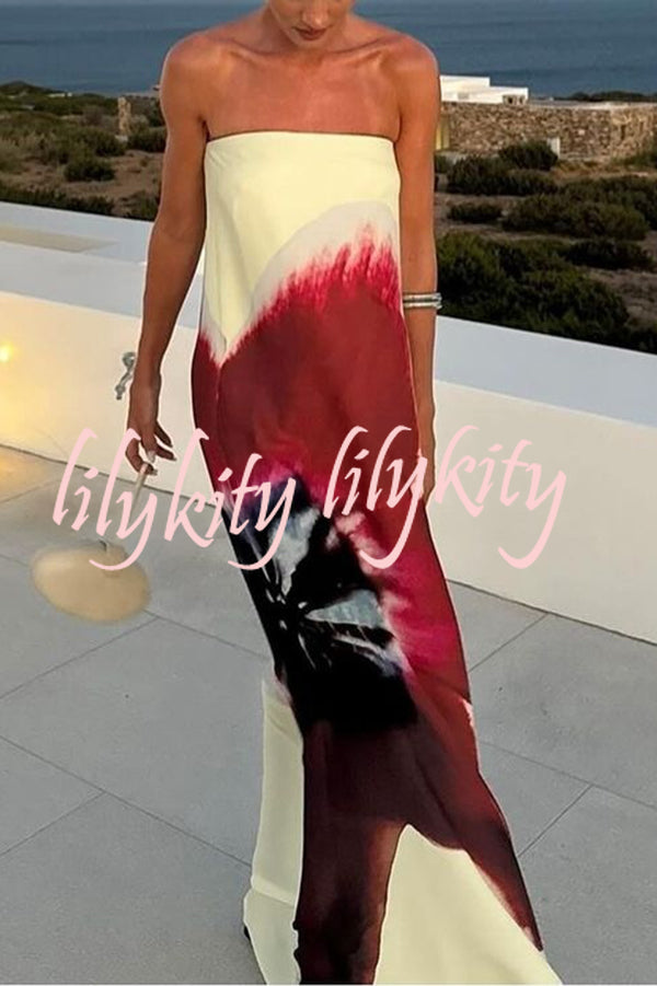 Floral Print Sexy Strapless Backless Belt Maxi Dress