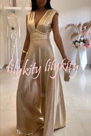 Roisin Metallic Fabric Ruched Shoulder V-neck Wide Leg Drape Jumpsuit