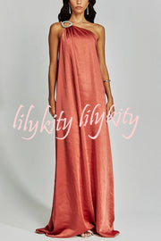 Charming Glance Satin Metal Hardware One Shoulder Loose Maxi Dress