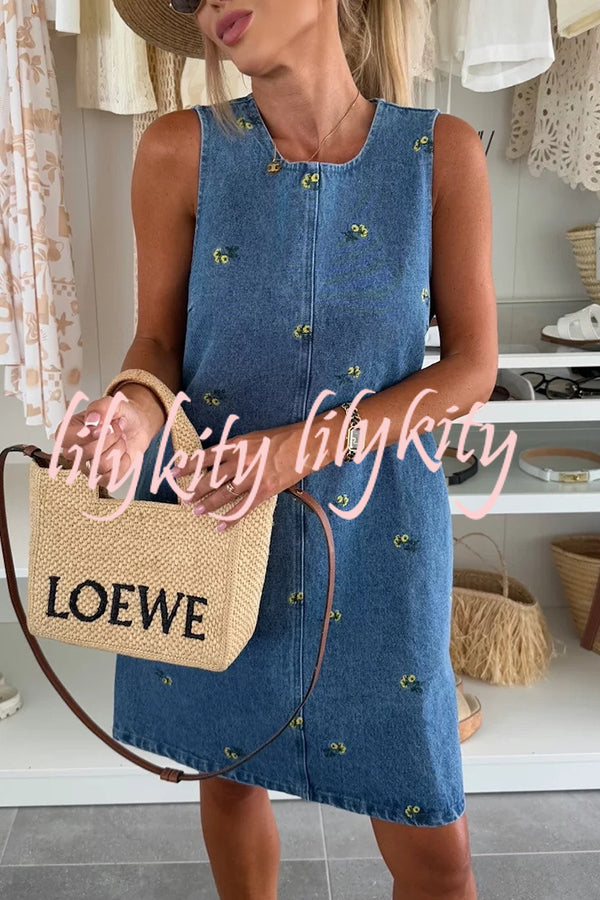 Floral Print Round Neck Sleeveless Loose Denim Mini Dress
