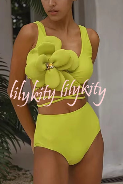 Solid Color Large Flower Decoration High Waist Elastic Two Piece Bikini Swimsuit