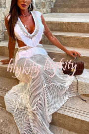 Saralyn Hollow Mesh Tassel Trim Irregular Hem Vacation Maxi Dress