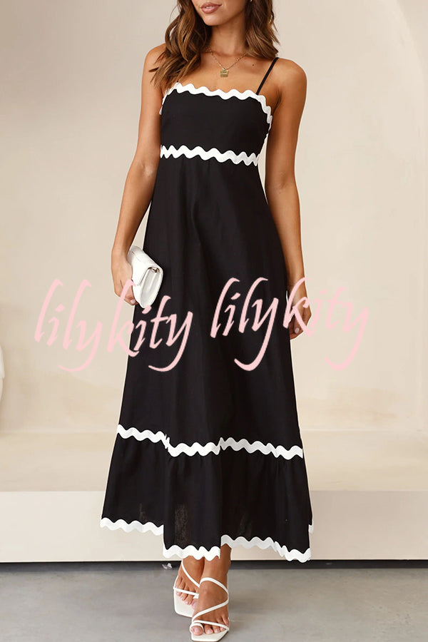 Bayside Beauty Wave Trim Patchwork Back Smocked Suspender Maxi Dress