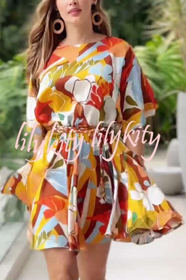 Unique Printed Round Neck Short Sleeve Waist Tie Vacation Mini Dress