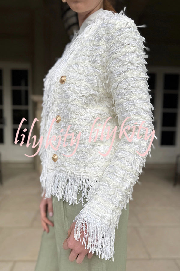 Solid Color Metal Button Long Sleeve Elegant Tassel Top